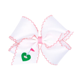 King Wee Ones Embroidered Hair Bow on Clippie - Golf
Large white bow with pink trim featuring a golf-themed design on a white background