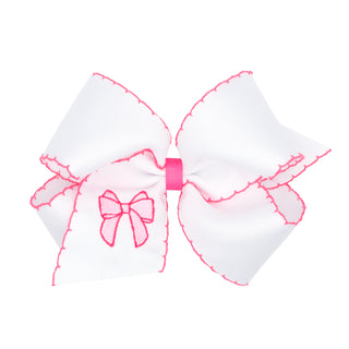 King Wee Ones Pink Bow Embroidered Hair Bow on Clippie
White bow with pink stitching on a white background