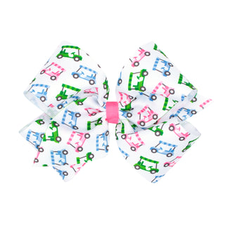 King Wee Ones Printed Hair Bow on Clippie - Country Club GolfColorful toy car patterned hair bow on a white background