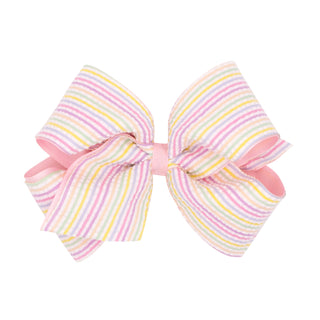 King Wee Ones Seersucker Stripe Grosgrain Overlay Hair Bow on Clippie
Pastel striped hair bow on a white background