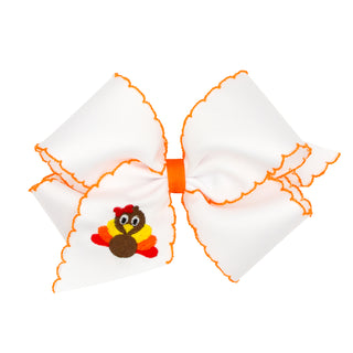 King Wee Ones Turkey Embroidered White Hair Bow on Clippie