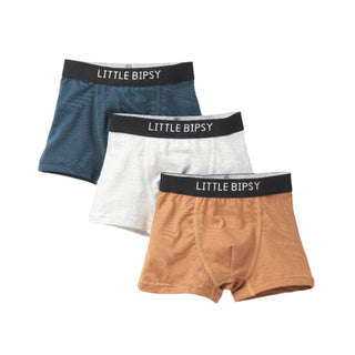 Little Bipsy Boxer Brief 3 Pack - Hello Fall 
Three pairs of boxer briefs in blue, white, and brown with 'Little Bipsy' branding on a white background.
