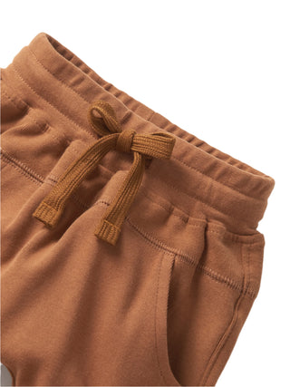 Little Bipsy Jogger - Chestnut 
Brown shorts with a drawstring on a light gray background