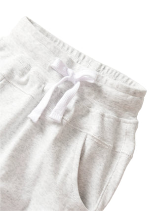 Little Bipsy Jogger - Light Heather Grey 
Gray sweatpants with a drawstring on a white background