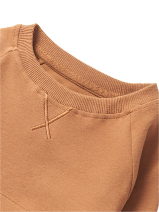 Little Bipsy Pocket Pullover - Chestnut 
Close-up of a brown sweatshirt collar with a small logo.