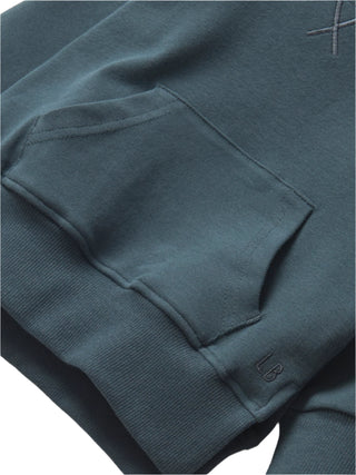 Close-up of a dark blue hoodie with a pocket on a light gray background
