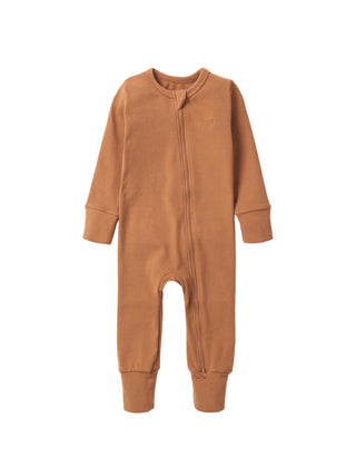 Little Bipsy 2-Way Zip Romper - Chestnut
Brown baby onesie on a white background