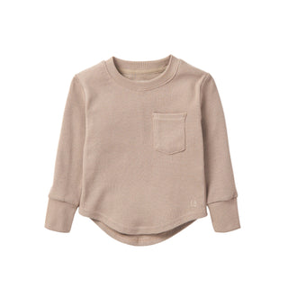 Little Bipsy Waffle Top - Mushroom
Beige long-sleeve shirt with a pocket on a white background