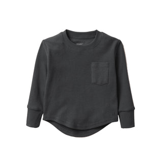 Little Bipsy Waffle Top - Shadow
Dark gray long-sleeve shirt with a pocket on a white background