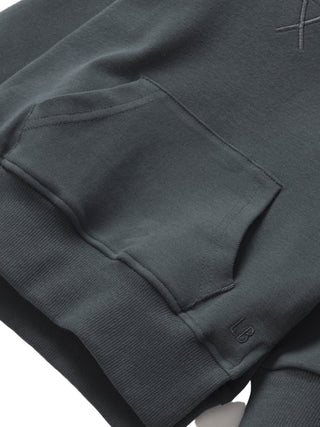 Close-up of a dark gray hoodie with a pocket on a light gray background