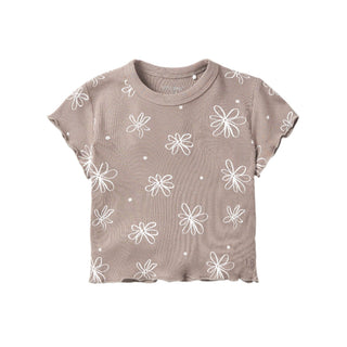 Little Bipsy Floral Ribbed Lettuce Trim Tee - Mushroom