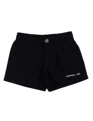 Properly Tied Boys Mallard Short - Black
Black shorts with 'Properly Tied' branding on a white background