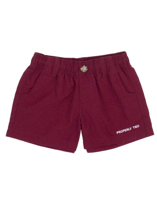 Properly Tied Boys Mallard Short - Maroon
Maroon shorts with 'Properly Tied' branding on a white background