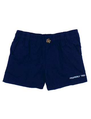 Properly Tied Boys Mallard Short - Navy 
Navy shorts with a gold button on a white background