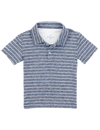 Properly Tied Starboard Polo - River Blue 
Blue and white striped polo shirt on a white background