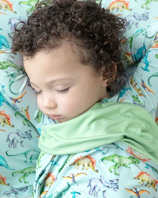 Lev Baby Blanket - Landon
Child sleeping with dinosaur-patterned bedding