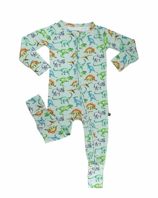 Lev Baby Poppy Convertible Zipper Romper - Landon
Children's onesie with dinosaur pattern on a light blue background