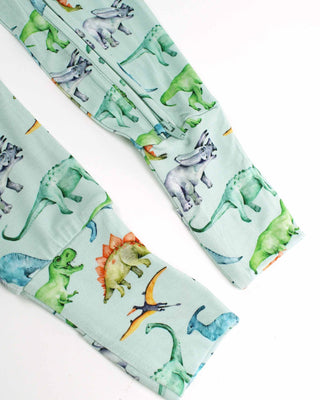 Lev Baby Poppy Convertible Zipper Romper - Landon
Two fabric strips with dinosaur pattern on a light green background