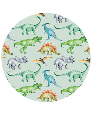 Lev Baby Landon Dinosaur 
Round fabric swatch with colorful dinosaur pattern on a light green background