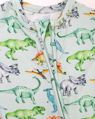 Lev Baby Zippered Footie - Landon
Children's hoodie with dinosaur pattern on a light green background