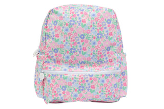 Apple of My Isla Ditsy Floral backpack with large floral pattern, showing adjustable straps and spacious main compartment.