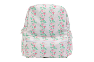 Apple of My Isla Strawberry backpack featuring a colorful strawberry print, with adjustable straps and spacious main compartment.