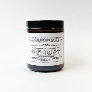 Lavender Thorne Lemon Pound Cake Body Butter moisturizer in a jar with a smooth, creamy texture and lemon scent.
