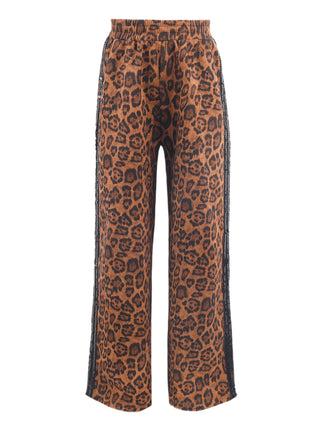 Lola and The Boys Leopard Print Sequin Trim Wide Leg Track Pants
A pair of wide-leg cropped pants featuring a brown and black leopard print pattern, with silver chain detailing running down the outer sides of the legs.