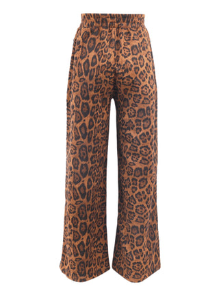 Lola and The Boys Leopard Print Sequin Trim Wide Leg Track Pants
A pair of wide-leg trousers featuring a brown and black leopard print pattern, shown against a plain white background.
