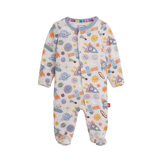 Magnetic Me Let's Rocket Modal Footie
Baby onesie with space-themed print on a white background