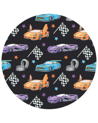 Lev Baby  Elias
Pattern of colorful race cars, flags, and tires on a black background