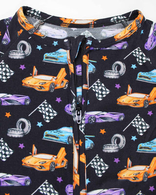 Lev Baby Poppy Convertible Zipper Romper - Elias
Children's hoodie with car and racing flag pattern on a black background