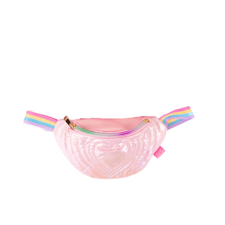 Light Pink Great Pretenders Heartstrings Puffy Fanny Pack
Two pink fanny packs with rainbow straps on a white background