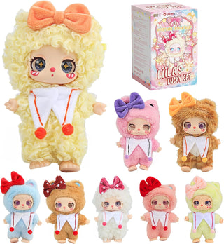Liilia's Lucky Cat Honeyland Enchantment Plush Blind Box
Set of colorful plush toys with different colored bows and outfits, including a box labeled 'Lil'z Lucky Cat'.