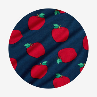 Posh Peanut Lilian Collared Twirl Dress Navy blue fabric with red apple pattern
