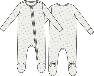 Angel Dear 2 Way Zipper Footie - Little Horseshoes Blue
Patterned baby onesie with long sleeves and legs on a white background