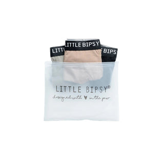 A clear zip pouch with 'LITTLE BIPSY' Little Bipsy Boxer Brief 3-Pack - Waffle Collection: Green / Black / Light Brown
printed on it, holding several underwear items with black waistbands also branded 'LITTLE BIPSY', photographed on a clean white background.