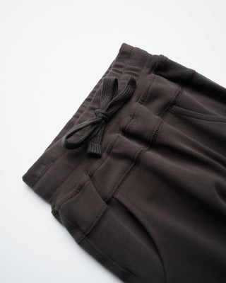 Little Bipsy Joggers - Brown
Close-up of dark brown drawstring sweatpants showing the waistband, drawstring tie, and side pocket on a white background.