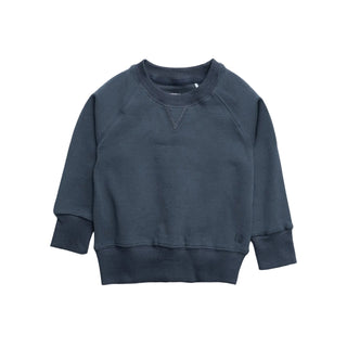 Little Bipsy Raglan Crewneck - Blue
A dark slate blue crewneck sweatshirt with long raglan sleeves, laid flat against a clean white background.