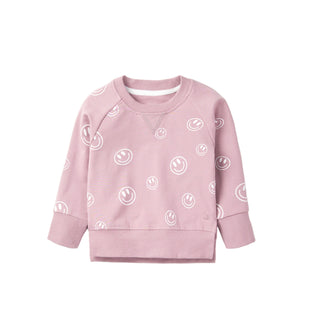 Little Bipsy Smiley Pullover - Dusty Purple
Pink sweatshirt with smiley face patterns on a white background