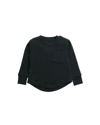 Little Bipsy Waffle Top - Black
A black long-sleeve knit top with a single chest pocket, laid flat against a clean white background.