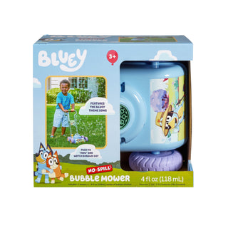 Little Kids Inc Bluey™ Bubble Mower
Bluey bubble mower toy packaging with a child and bubble mower illustration on a light blue background.