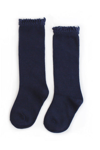 Navy blue Little Stocking Co lace top knee high socks with delicate lace trim and ribbed design, perfect for stylish legwear.