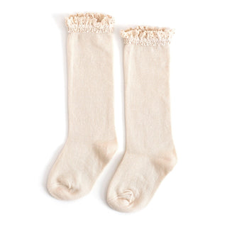 Little Stocking Co Lace Top Knee High Socks - Vanilla Cream
Pair of cream knee-high socks with lace trim on a white background