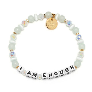 Little Words Project Bracelet - I Am Enough: Luxe Knit
A beaded stretch bracelet featuring pale green and white beads, iridescent faceted beads, a gold-tone charm, and white letter beads spelling 'I AM ENOUGH' on a white background.