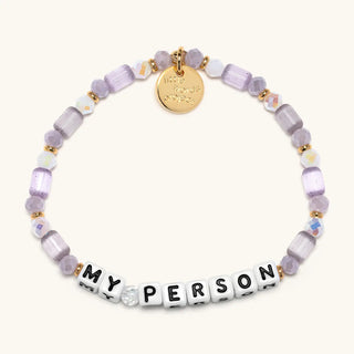 Little Words Project Bracelet - My Person: Lavender Lace
Bracelet with purple beads and 'MY PERSON' tile charm on a white background