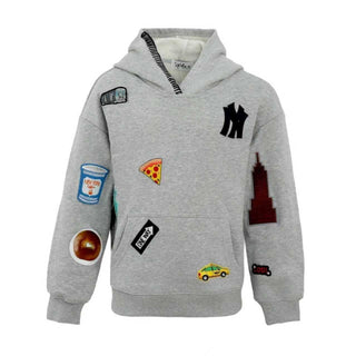 Lola and The Boys All About The Patch City Hoodie
A light gray heather pullover hoodie featuring various colorful embroidered patches and a black embroidered New York Yankees logo on the chest, displayed against a solid white background.