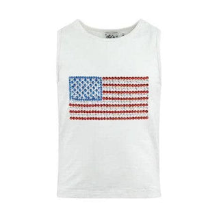 Lola and The Boys American Flag Tank
White tank top with American flag design featuring red, white, and blue beads on a white background