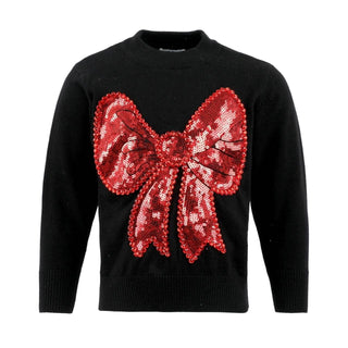Lola and The Boys Big Bow Sweater
Black sweater with a large red sequin bow on a white background