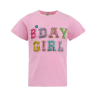 Lola and The Boys Birthday Girl Gem T-Shirt - Pink
Pink t-shirt with 'B'DAY GIRL' text in colorful letters on a white background